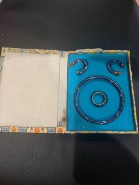 Blue and Gold Cloisonné Jewelry Set - Necklace, Bracelet, Earrings